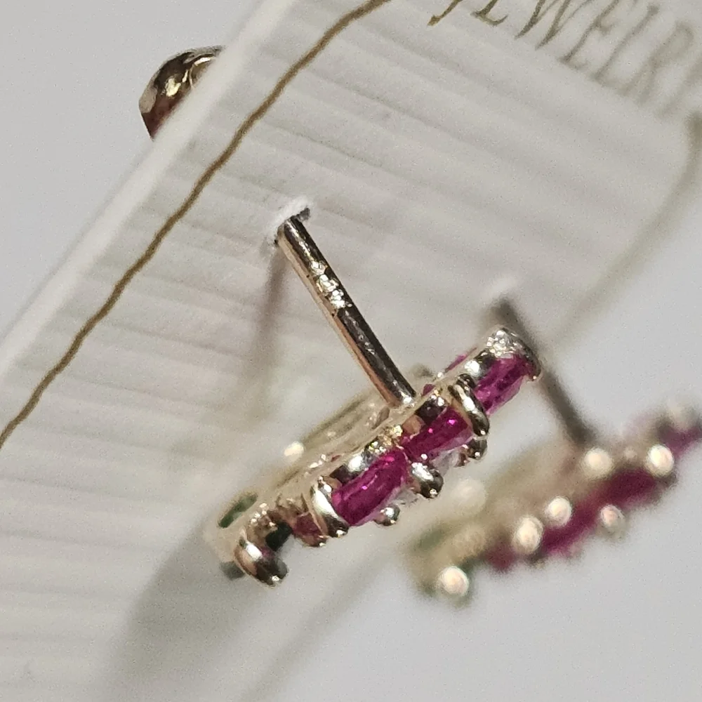 14KT Italian Gold Pink and Green Flower CZ Stud Screw Back Earrings